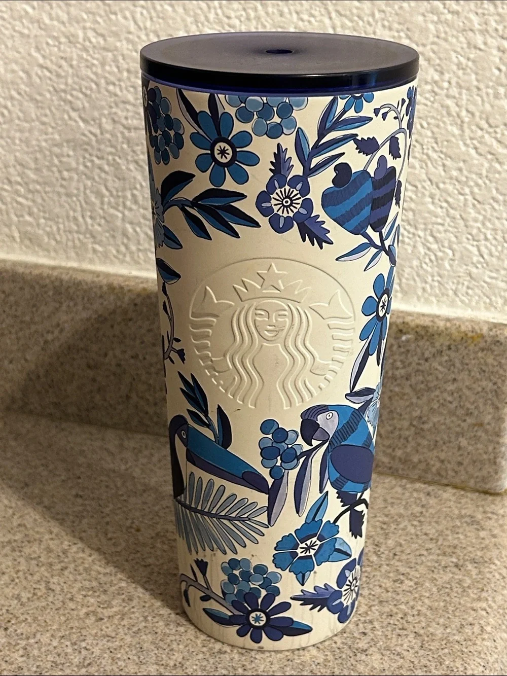 Starbucks x Farm Rio Cream and Blue Floral Travel Tumbler - 24 oz stainless
